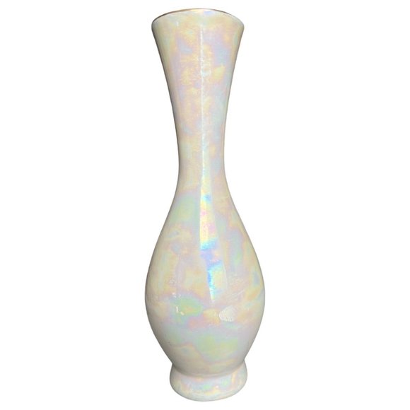 Vtg BUD VASE White Iridescent Shimmer Glossy Glaze Handcrafted Signed 9.75" Tall - Picture 6 of 12